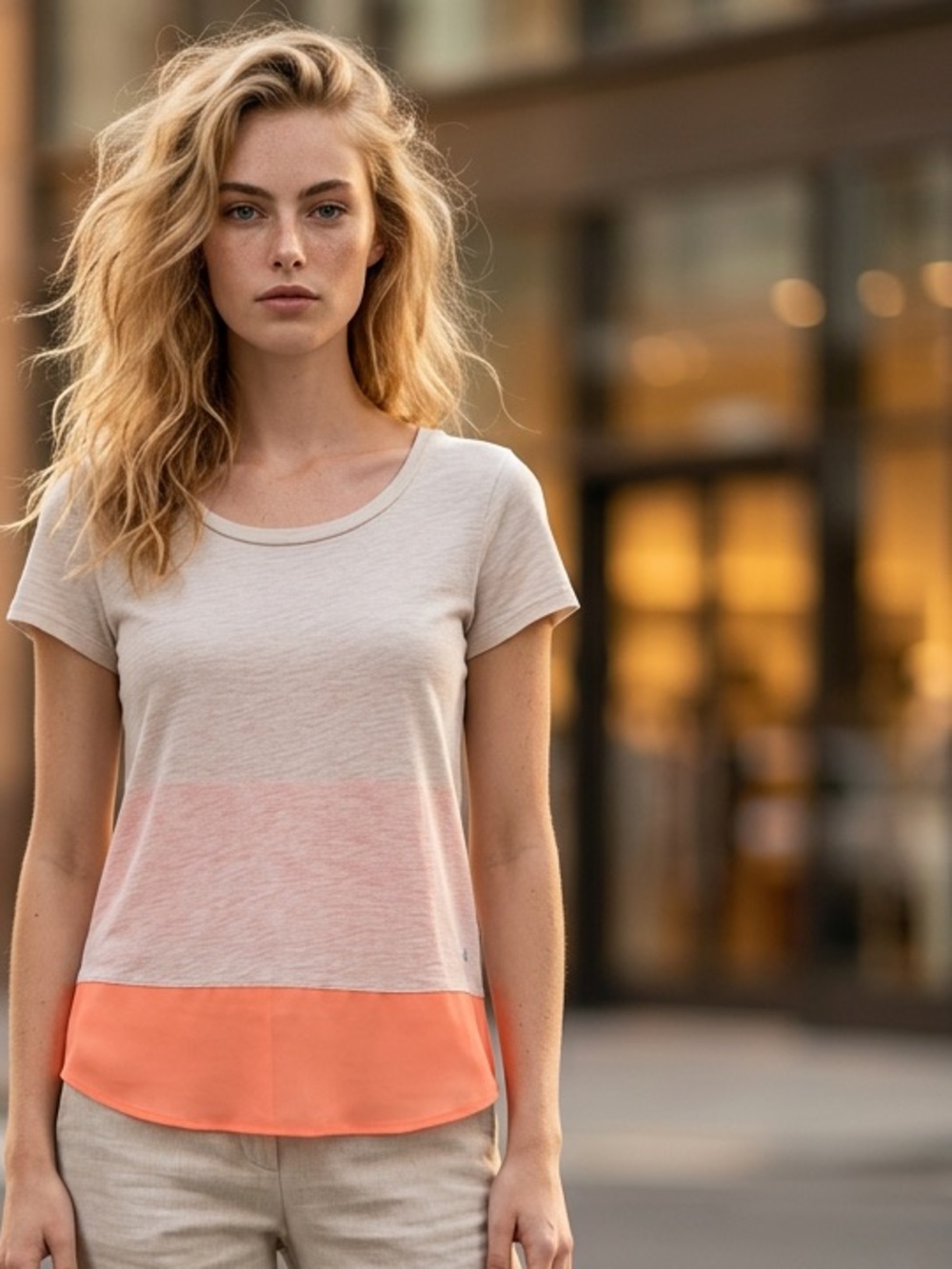 Express White Top with Coral Hem Colorblock Short Sleeve